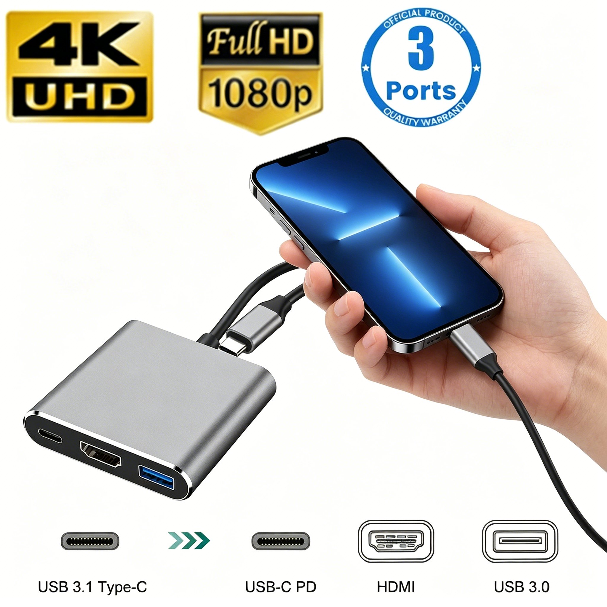 Hdmi Adapter Tablet - USB C HUB 3-in-1 Multiports Adapter,